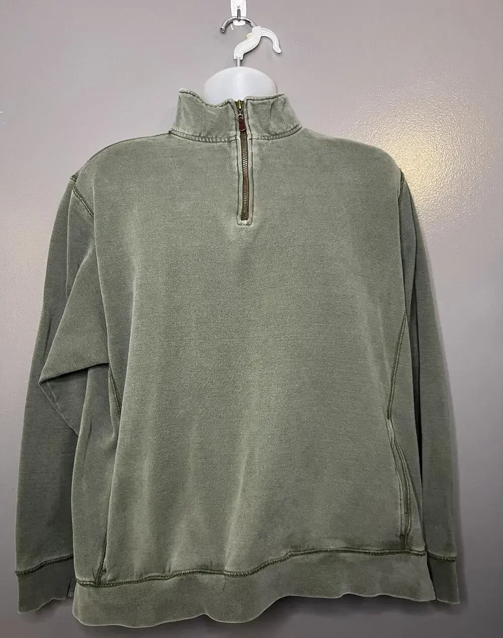 L.L. Bean Sweatshirt Mens Large Green 1/4 Zip Fleece Pullover Pockets Mock Neck